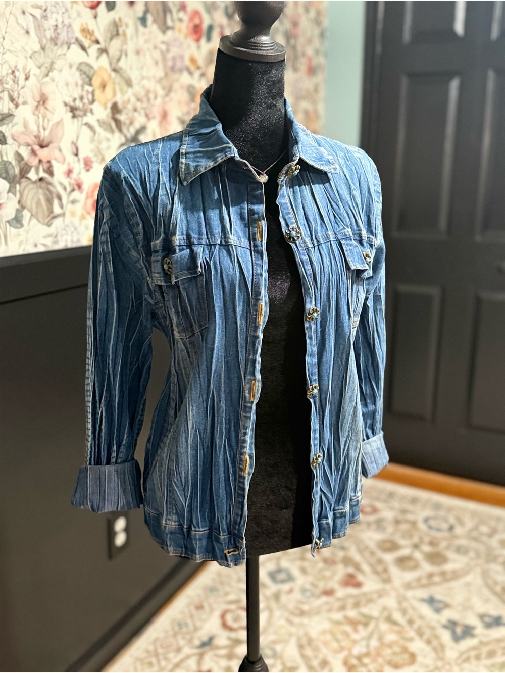 Hand Crafted Blue Denim Button-Front Women's Shirt